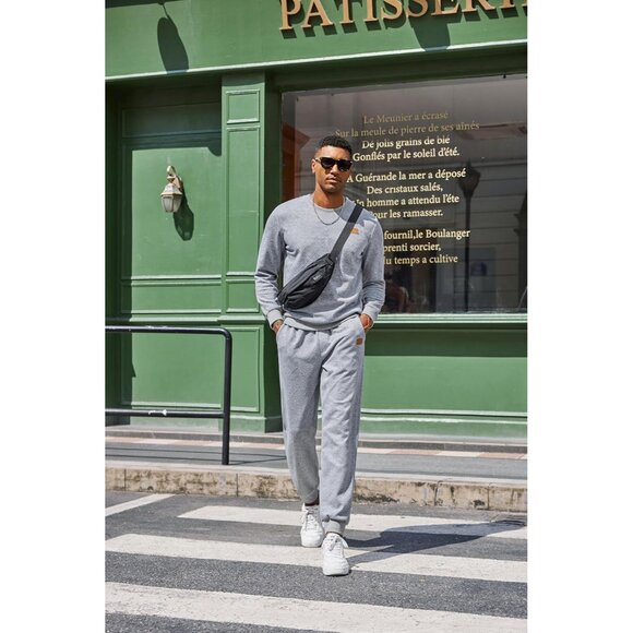 Men's 2 Piece Sweat suit Jogging Suit Set Long Sleeve Jacquard Shirt Light Grey - Picture 7 of 8